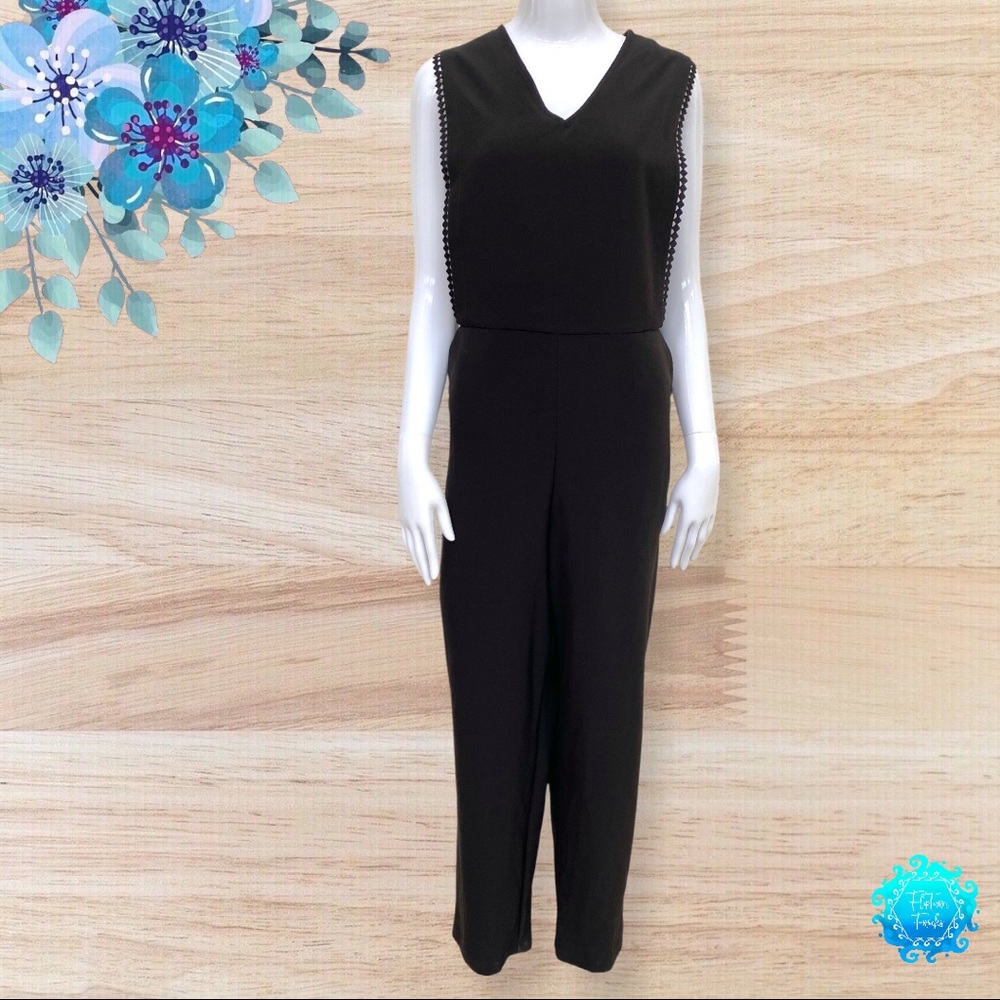 Taylor Black V-Neck Jumpsuit w Lace Trim; 14